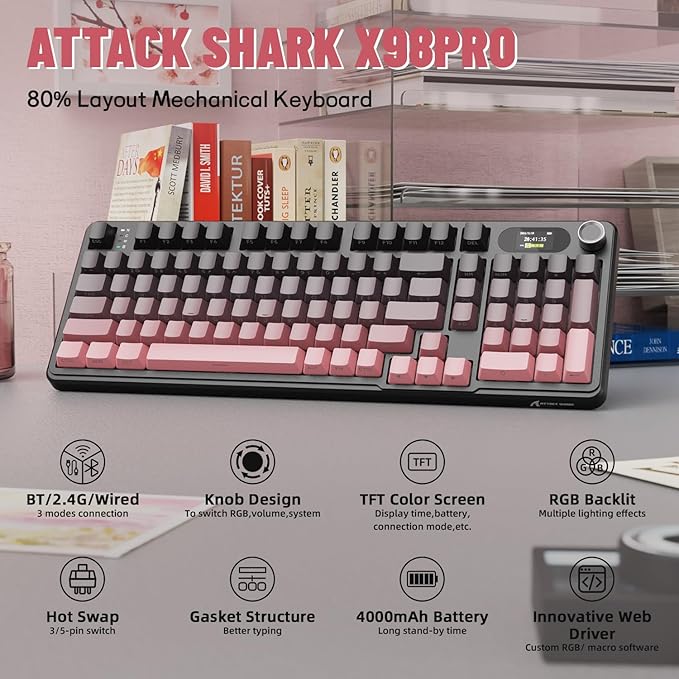 MAMBASNAKE Attack Shark X98 Pro Wireless Mechanical Keyboard with Screen & Knob, 2.4G/USB-C/BT5.0 Gasket Hot Swappable Creamy Keyboard102 Keys, Web Driver RGB Gaming Keyboard for PC/Mac/PS4/Xbox