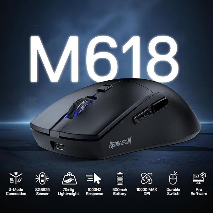 Redragon M618 LIT Wireless Gaming Mouse, 10000 DPI Optical Ergonomic Mouse with 6 Programmable Buttons, 70G Ultra Lightweight, Software Supports DIY Keybinds