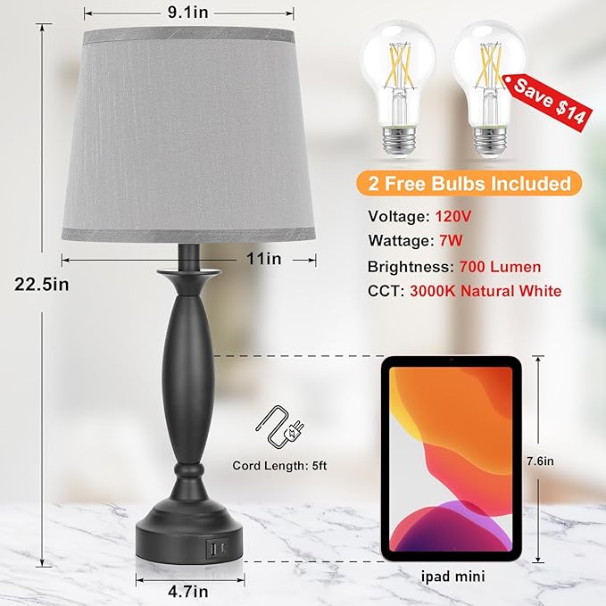 Seealle Grey Lamps for Bedrooms Set of 2 - Touch Control Bedside Lamp with USB C+A, 3 Way Dimmable Nightstand Lamps with USB Port, Table Lamp for Living Room(Grey Shade and Black Base)