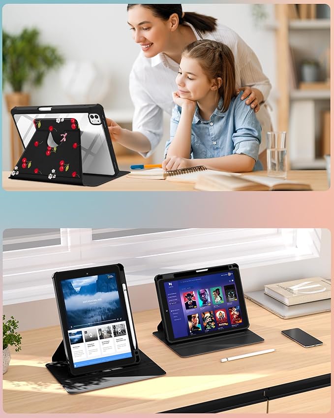 Uppuppy for iPad Pro M4/M5 Case 11 inch - 360 Degree Rotating Stand Folio Smart Cover with Pencil Holder for Women Girls, Cherry and Bow Flowers for iPad Pro 11 inch Case 2024 M4/2025 M5
