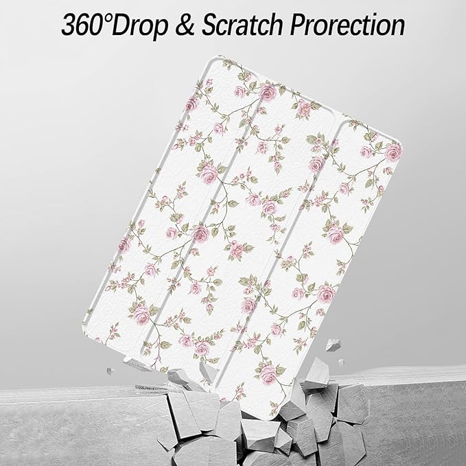 Case for iPad pro 10.5 inch 2017/ iPad Air 3rd Generation 2019, Case with Pencil Holder, Stand Clear Back Cover Cute Cool Design for Women Girls, Auto Sleep/Wake, Pink Flower