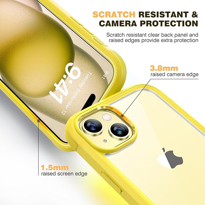 Diaclara Designed for iPhone 15 Plus Case 6.7'', Full-Body Clear Bumper Case with Built-in Screen Protector, 360 Protective Rugged Cover+Tempered Glass Camera Lens Protector,Yellow