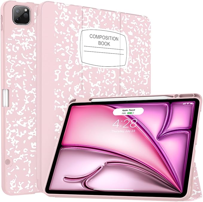 Soke Case for iPad Air 13 Inch (M4/M3/M2,2026-2024), iPad Pro 12.9" 6th/5th Generation with Pencil Holder(2021 2022 Release)-[Apple Pencil Charging + Auto Wake/Sleep] Soft Back Cover, Book Pink
