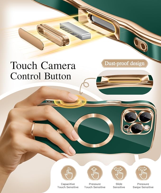 GVIEWIN for iPhone 16 Pro Case Compatible with MagSafe, Upgraded [Full Camera Protection][Cute Wave Frame][Military Grade Protection] Electroplated Soft Phone Cover for Women Girl, Green