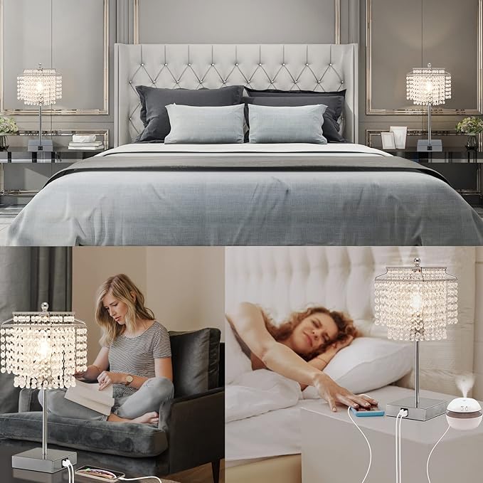 Luvkczc Crystal Table Lamp with Touch Control Set of 2, USB Bedside Table Lamp with USB C+A Ports, Dimmable Lamp with Crystal Shade for Bedroom, Living Room, 6W LED Bulb Included