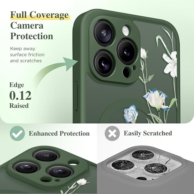 GVIEWIN for iPhone 16 Pro Max Case Compatible with MagSafe, [Military Grade Protection] [Screen Protector] Full Camera Protection Floral Translucent Women Magnetic Phone Case, Aquilegia/Forest Green