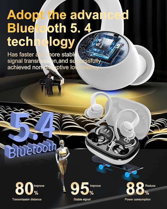 Wireless Earbuds, Bluetooth 5.4 Headphones Sport, Over Ear Buds With ENC Noise Cancelling Mic, 48H, Wireless Earphone With Earhooks, Stereo Deep Bass, IP7 Waterproof ear bud for Workout Running, White