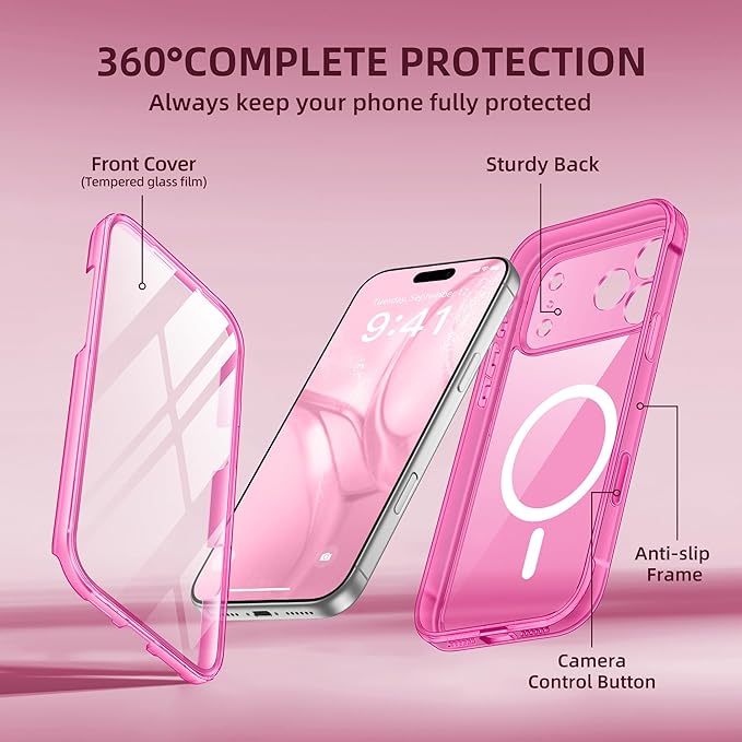 BERFY for iPhone 17 Pro Case, Compatible with MagSafe, Built-in Glass Screen Protector, Camera Protection, Shockproof Full Body Phone case 6.3", Clear Bright Pink
