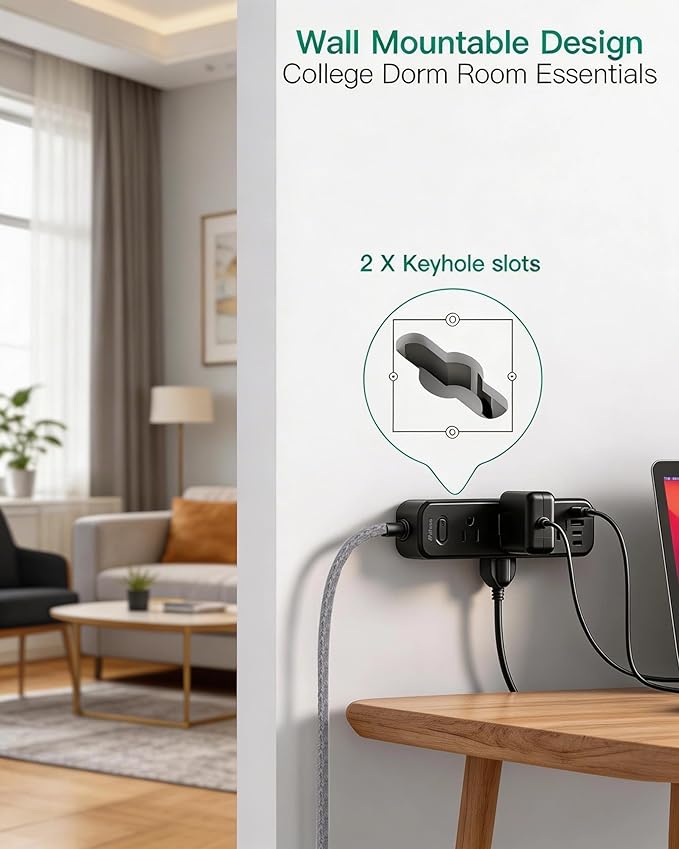 15FT Long Extension Cord with Surge Protector, 13-in-1 Power Strip with 9 Wide Spaced Outlets and 4 USB Ports, Flat Plug Wall Mount Charging Station for College Dorm Room Essentials, Office, Black