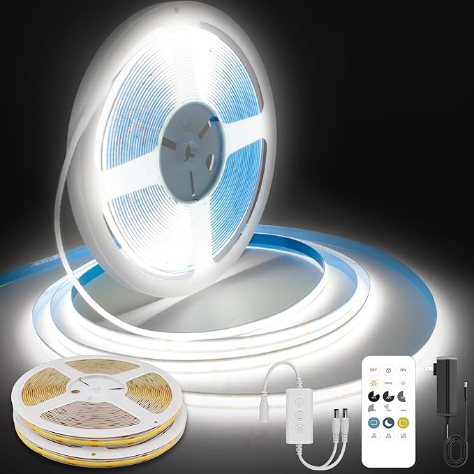 Pandery COB LED Strip Lights Cool White,24V Dimmable led Light Strip KIT with Remote and app Control,6000K 50FT/15m 8mm Wide Ra>90 Cuttable Flexible Strip Lights for Bedroom,Wardrobe,Cabinet