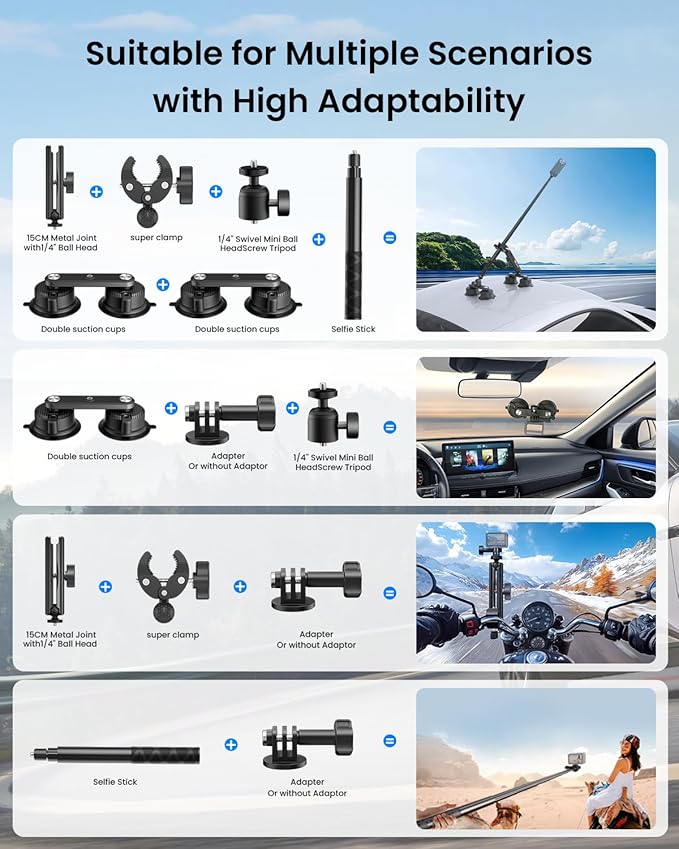 Four Suction Cup Car Mount Kit for Insta360 Car Mount Adjustable Double-Layer Suction Cup for Go pro Action Camera Mounts for insta360 X5 Accessories