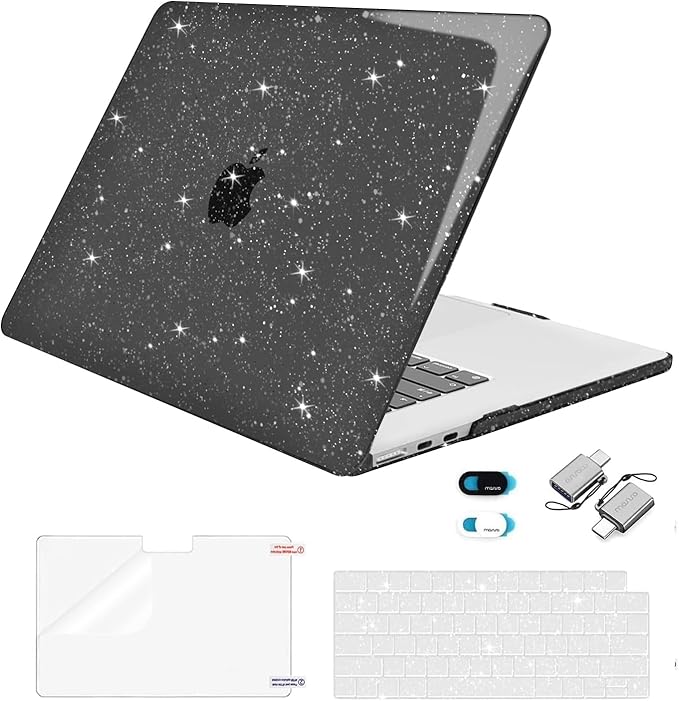 MOSISO Compatible with MacBook Air 15 inch Case M5 2026 M4 2025 M3 2024 M2 2023 A3448 A3241 A3114 A2941, Sparkly Glitter Plastic Hard Shell&Keyboard Cover&Screen Film&Webcam Cover&Type C, Black