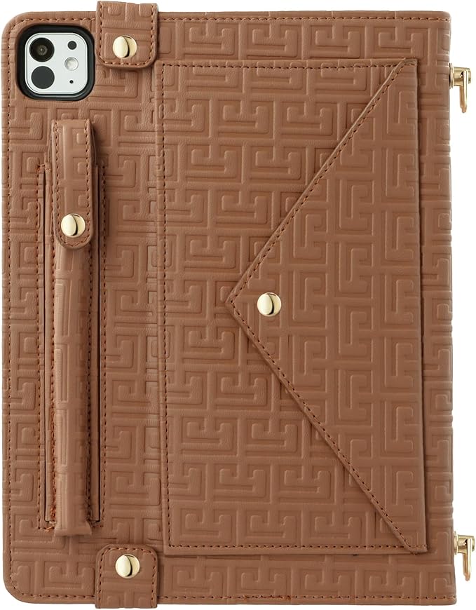 Handbag Case for iPad Pro 13-inch M5 2025/M4 2024, Techcircle Elegant Crossbody PU Leather Folio Envelope Pocket Stand Cover with Hand Strap+Shoulder Strap+Pencil Holder+Card Slots, Brown