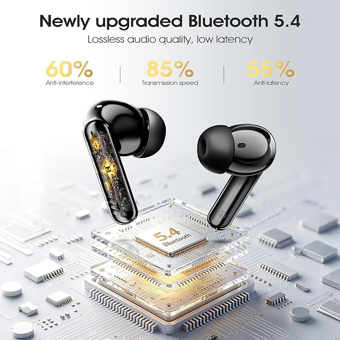 Wireless Earbuds, Bluetooth 5.4 Headphones with 4 Noise Cancelling Mic, 46H In-Ear Buds with 3D Bass Stereo Sound, Small Ears, LED Display, Calls Sports Workout, IPX7 Earphones for Android iOS, Black
