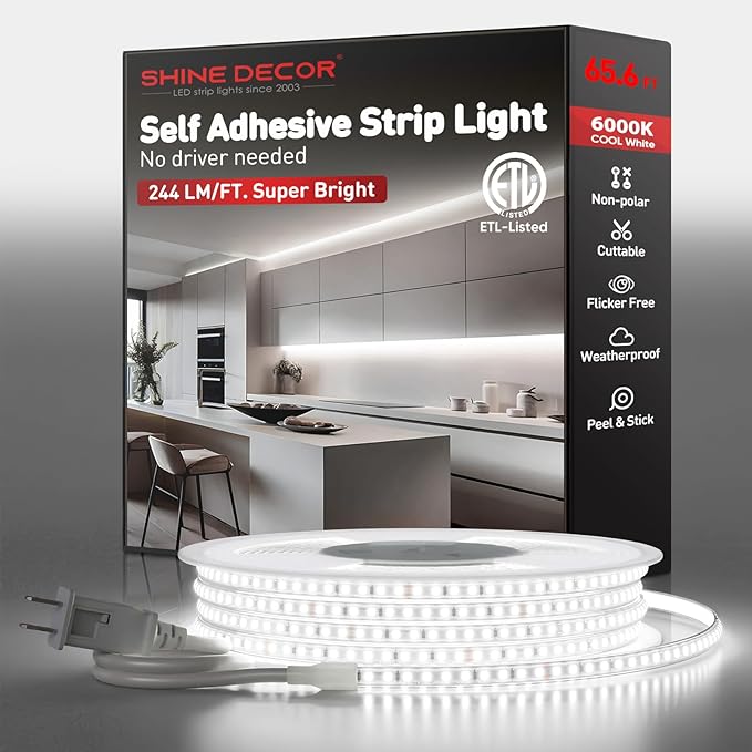 Shine Decor LED Strip Light Super Bright 16000LM, Plug&Play 120V Driverless Easy Wiring, Flicker Free Weatherproof for Outdoor Indoor, Min. 3.9” Cuttable Stickable, 6000K Cool White 65FT ETL Listed