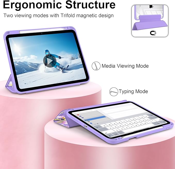 Case for iPad Air 13 inch 2026 M4 2025 M3 2024 M2 Release Slim Lightweight Shockproof Cute Violet Cover with Clear Back TPU Edge Pencil Holder Trifold Stand Auto Wake Sleep, Watercolor Flower