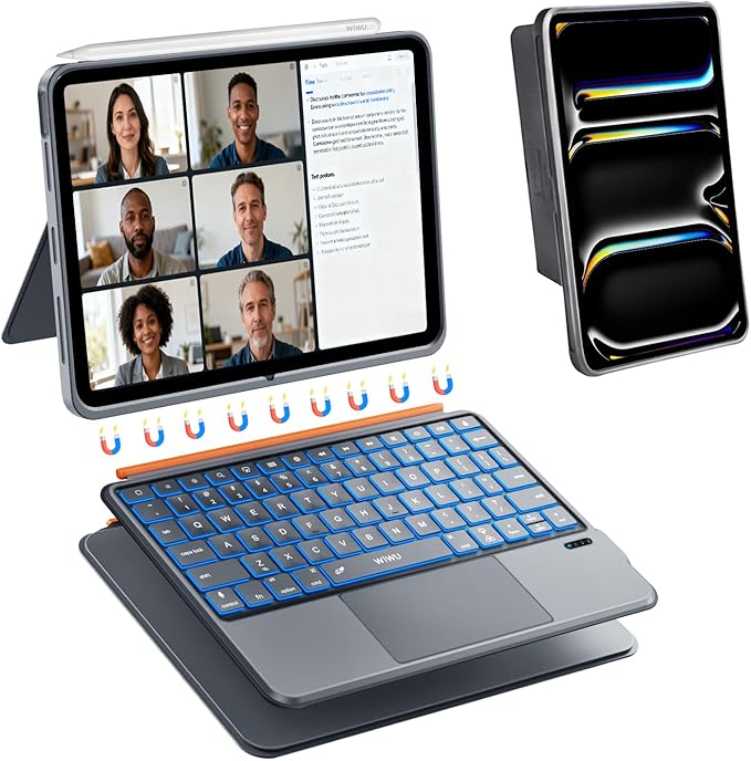 WIWU iPad Pro 11 inch Keyboard Case M4/M5 2024/2025 Magnetic Detachable 3 in 1 Case Bluetooth Case Keyboard Adjustable Stand 7 Colors Backlit Keys with Touchpad (Grey, iPad Pro 11"(M4/M5 2024/2025))