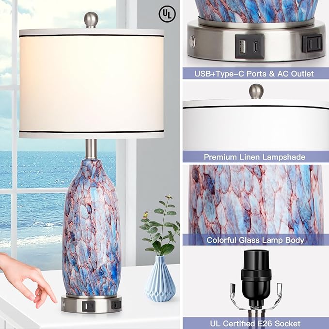 Rinweey 26" Coastal Glass Table Lamps Set of 2,Nautical lamp with USB A+C Ports & AC Outlet,Bule Bedside Lamps with 3-Way Dimmable Touch Control Night Light for Bedroom Living Room(Bulbs Included)
