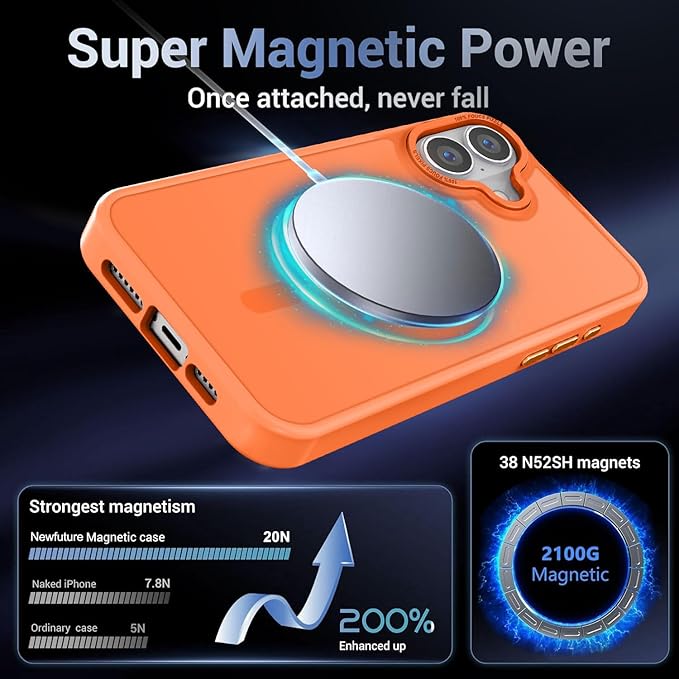 Newfuture Designed for iPhone 16 Case with Magnetic [13 FT Military Drop Protection] [Compatible with Magsafe] Slim Translucent Matte Shockproof with Anti-Fingerprint Phone Case, Orange
