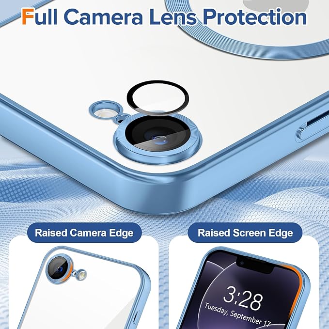 Hython Magnetic Clear for iPhone 17e Case with Camera Lens Protector [Compatible with MagSafe] Luxury Plating Edge Slim Soft TPU Cover Protective Phone Case for iPhone 17e 6.1", Matte Light Blue
