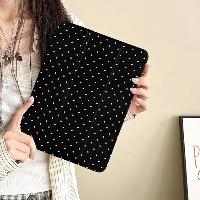 Lovmooful Compatible for iPad 5/6 (9.7-Inch,2018/2017 Model,6th/5th Generation) Case with Pencil Holder Cute Polka Dot with Aesthetic Design Soft TPU Trifold Stand Protective-Black