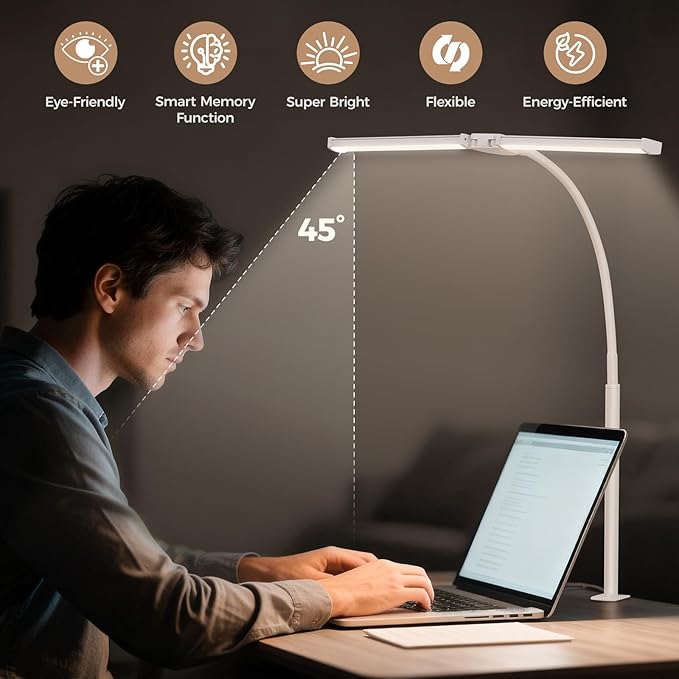 Voncerus LED Desk Lamp for Home Office, Double Head Architect Light with Clamp, Computer Monitor Clip on Light, 3 Modes and 10 Brightness, Adjustable Flexible Goose-Neck, Table Task Lamp, White