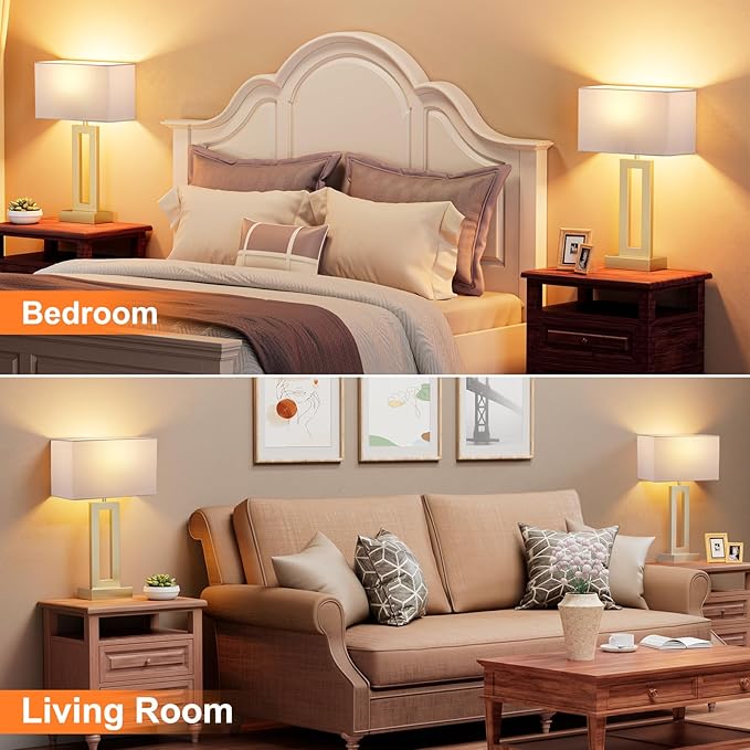 Seealle Nightstand Table Lamps for Bedrooms Set of 2 - Touch Bedside Lamp with USB C+A, 3 Way Dimmable Living Room Lamps for End Tables Set of 2(White&Gold)