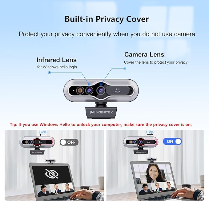 2K HD Webcam with Infrared Windows Hello Facial Recognition, Computer Camera, Privacy Cover, Noise Canceling Microphones, Laptop Webcam For Video Conferencing, Live, Streaming, Online Learning
