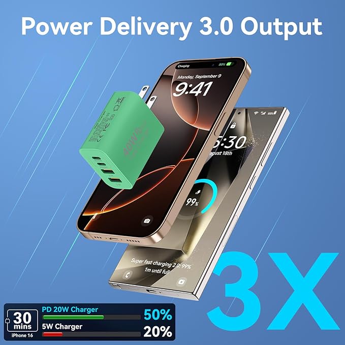 USB C Charger Block, 2Pack 40W 4 Ports Type C Fast Phone Charging Cubes PD Wall Plug+QC 3.0 USB A Charger Head Power Brick Box for iPhone 16/15/14/13/12/11 Pro Max, Pad, Galaxy, Pixel, Deep Green