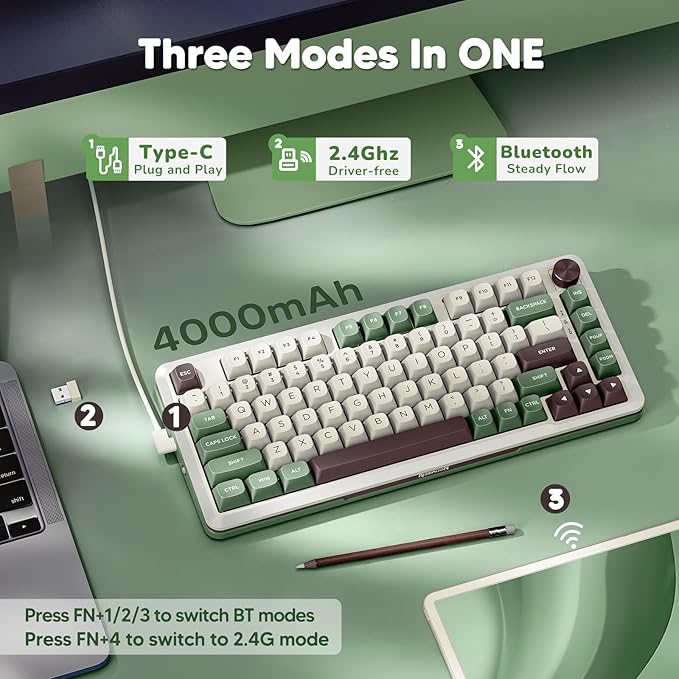 Redragon K681 Pro Wireless Mechanical Keyboard, Gasket Mounted RGB Gaming Keyboard with Volume Knob, MDA-Profile, Pre-Lubed Linear Switches, 81 Keys 75％ Tri-Mode Hot Swappable for PC/Xbox/PS (Matcha)