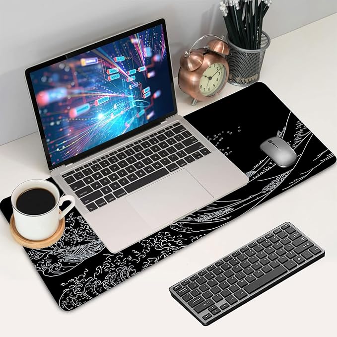 Japanese Kanagawa Sea Wave Large Gaming Mouse Pad Black XXL Keyboard Pad, Mouse Mat, Desk Pad, Non-Slip Rubber Base & Stitched Edges - Extended Mousepad for PC/Laptop/Office/Home Decor 31.5"x15.7"