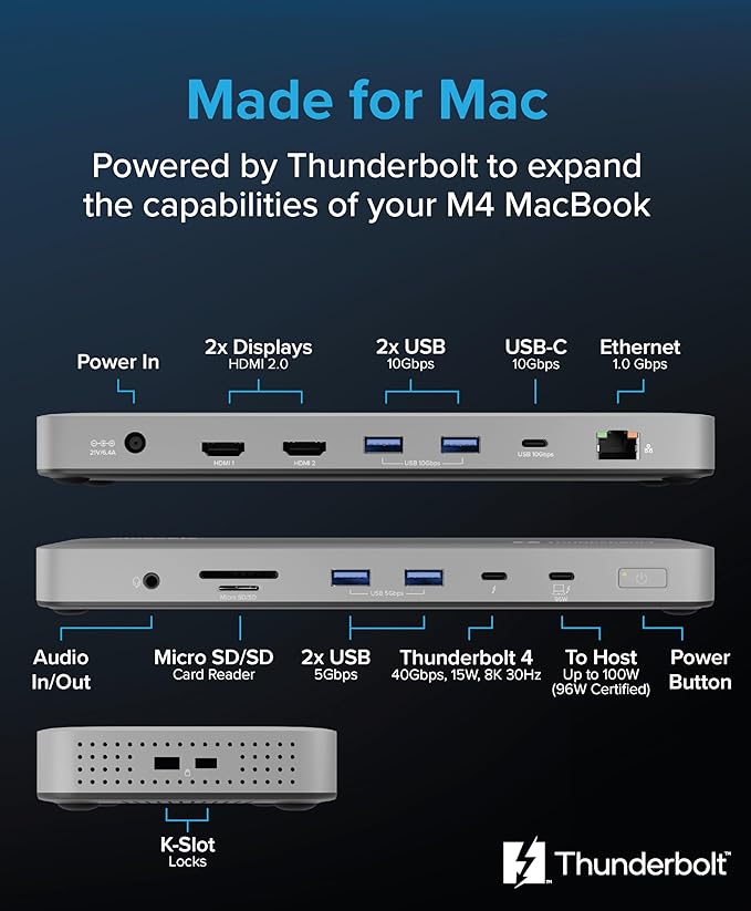 Plugable Thunderbolt 4 Dock for M4/M5 MacBook Air & Pro: 100W Charging Driverless Laptop Docking Station with 4K HDMI Dual Monitor or Single 6K, 6X USB, SD, Ethernet, Thunderbolt Certified (TBT-UDM)