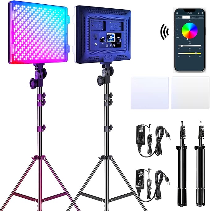 GVM RGB LED Video Lights Photography Lighting Kit, 50W Bi-Color 3200K-5600K Studio Lights, 2-Packs 672 Led Beads APP Control Film Lights Panels for Videography/Streaming/Gaming/YouTube CRI 97+