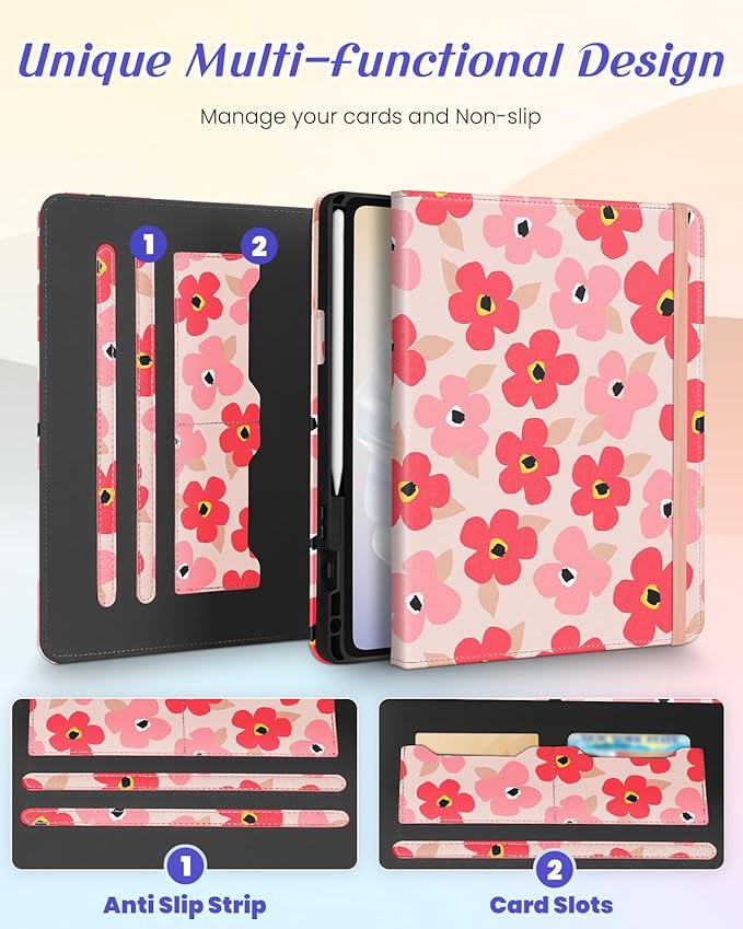 Kidcube for Samsung Galaxy Tab A9 Plus Case 11 Inch - for Women Girls Cute Rotating Stand Folio Cover with Pencil Holder & Card Slot Girly Kawaii Floral Flower Design for Samsung A9 Plus Tablet Cases
