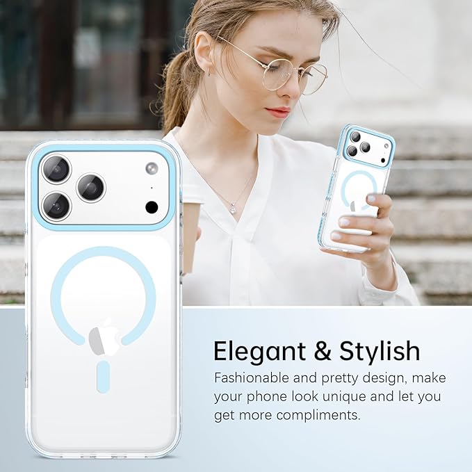 BENTOBEN Magnetic for iPhone 17 Pro 6.3" Case, Compatible with Magsafe Military Shockproof Protective Bumper Cute Transparent Slim Anti-Yellowing Phone Case for iPhone 17 Pro Cover, Clear Blue