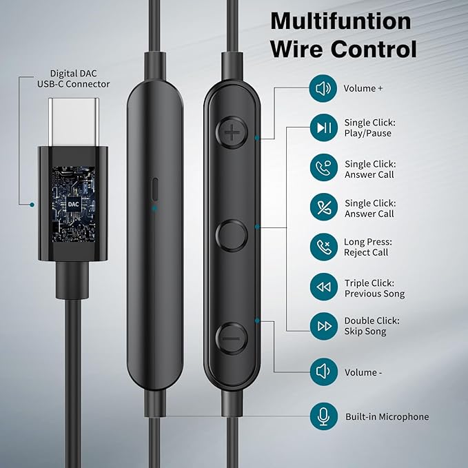 APETOO USB C Headphone for Samsung Galaxy S24 S25 Ultra S23 S26 S22 S21 A17 A54 Magnetic Wired Earbuds Noise Canceling in-Ear Type C Earphone Microphone Stereo Bass for iPhone 17 16 15 Pro Max/Pixel