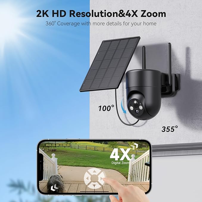 ELYSOO Security Cameras Wireless Outdoor, 2K Color Night Vision, Solar Camera Outdoor Wireless for Home Security, 360°Panoramic View, Weatherproof, 2.4GHz WiFi, 2pack