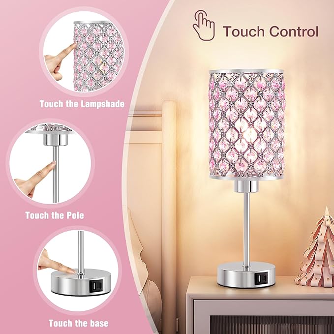 GyroVu Crystal Table Lamp, Pink Touch Lamp with USB C+A Ports, Dimmable Lamp with Crystal Shade, Bedside Lamp Small Lamp for Girl Bedroom, Living Room(Buld Included)