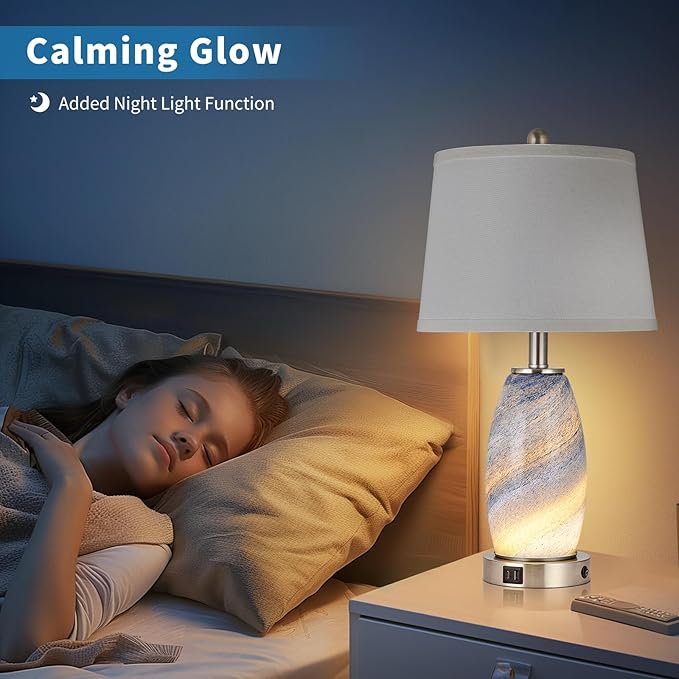 Blue Lamp for Bedroom & Bedside with 3-Way Lighting Modes & USB C+A - Modern Style Glass Nightstand Table Lamp for Living Room & Bedroom Decoration (23.5" H)
