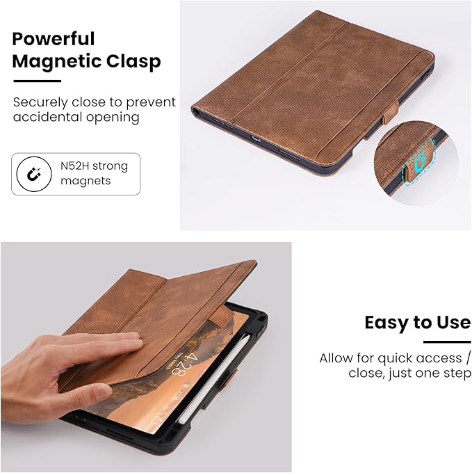Handmade Case for iPad Pro 11 Inch (M5/M4) 2025/2024 with Pencil Holder Pocket,Magnetic Closure,Auto Sleep/Wake,Vegan Leather Folio Protective Cover,Multi Angles Stand,Dark Brown