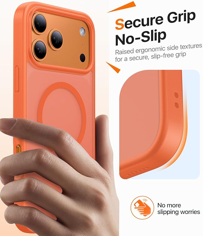 Magnetic for iPhone 17 Pro Case,[Anti-Slip][Compatible with MagSafe][Military Grade Drop Protection] Shockproof Protective Translucent Matte Phone Case for iPhone 17 Pro Case,Orange