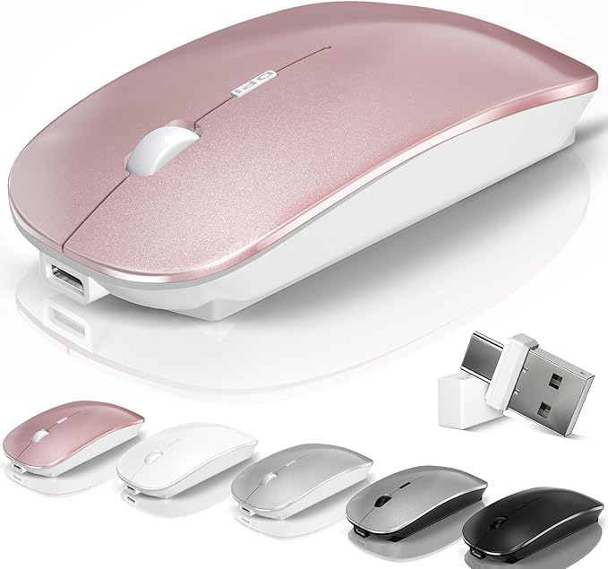 Kovess Wireless Bluetooth Mouse for Mac Air MacBook Pro Laptop PC Pad Optical Rechargeable Silent Mouse with Jiggler Mode Dual Mode Switch Bluetooth 5.2/3.0 and 2.4G USB-A & USB-C Receiver Rose Gold