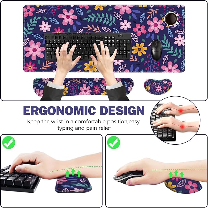 ToLuLu Extended Gaming Mouse Pad, Memory Foam Ergonomic Keyboard Mouse Wrist Rest Support Set, Large Desk Mat with Stitched Edges, Non-Slip Base Mousepad for Home Office Game Study, Purple Flowers