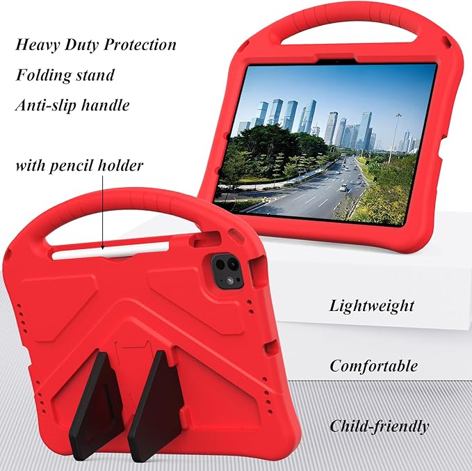 Kids Case for iPad Air 11 inch M4/M3/M2 (2026/2025/2024) with Pencil Holder/Shockproof Handle/Kickstand/Slim Lightweight Soft EVA Foam Folio Stand Tablet Protective Girls Boys Cover, Red