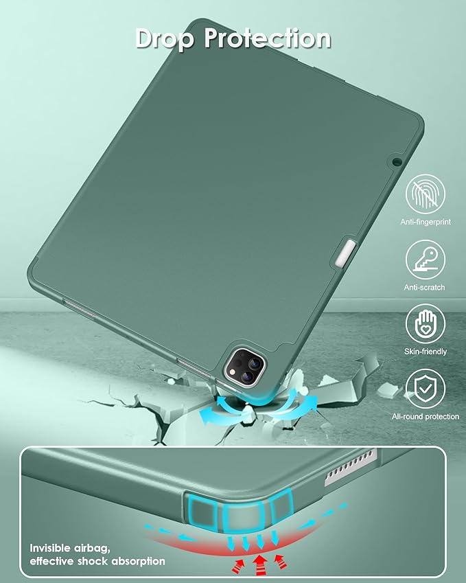 DTTO for iPad Air 13 Inch Case M4/M3/M2 2026/2025/2024, iPad Pro 12.9 Inch Case (6th/5th/4th/3rd Gen), Smart Slim Trifold Stand Soft Cover with Pencil Holder, Midnight Green