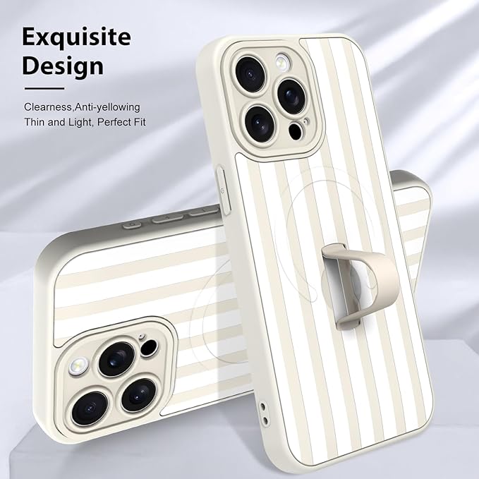 KANGHAR Compatible with iPhone 15 Pro Max Case, Support for MagSafe, Silicone Stripes Cute Pattern, Wristband Kickstand Camera Protection Soft Slim Cover for Girls Women -White