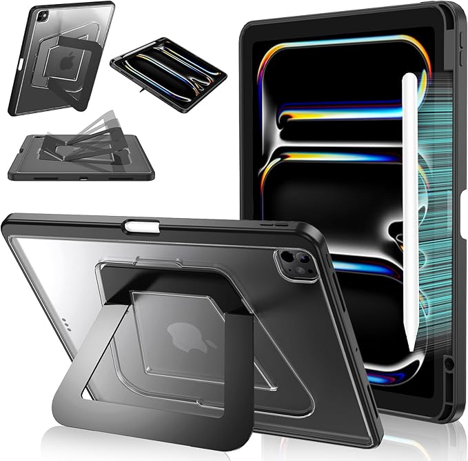 Case for iPad Pro 13 Inch M4(2024) with Multi-Angle Ultra Stable Stand, Built-in Pencil Holder, Duty Shockproof Case, Slim Frosted Protective Kickstand Cover for iPad Pro 13 Case, Black