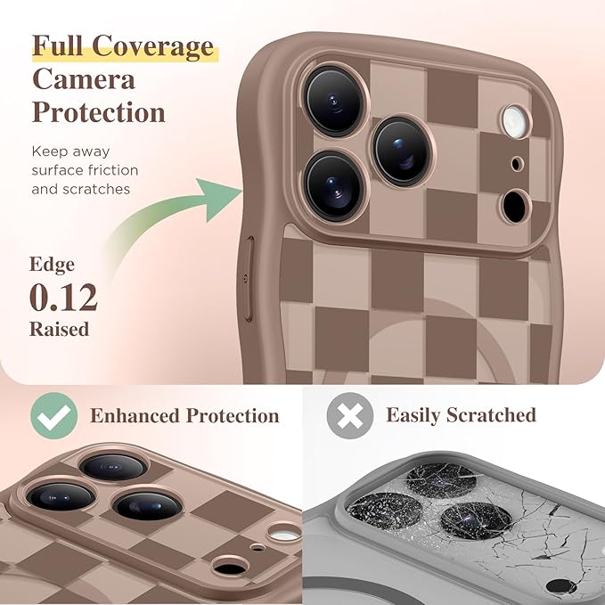 GVIEWIN for iPhone 17 Pro Max Case Compatible with MagSafe [Curly Wave Edge][Full Camera Protection] Floral Translucent Shockproof Magnetic Women Phone Case for 17 Pro Max, Grids/Brown
