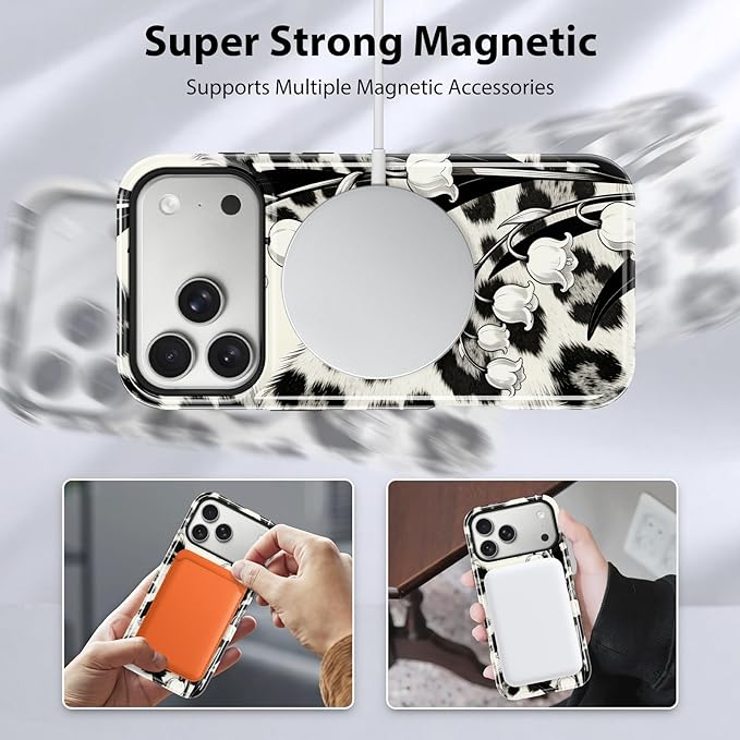 KANGHAR Compatible with iPhone 17 Pro Max Case, Support for MagSafe, Silicone Leopard Flower Cool Pattern, Wristband Kickstand Camera Protection Soft Slim Phone Case for Girls Women -Black