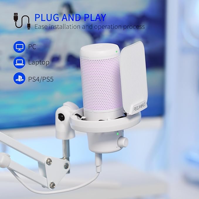 FEELWORLD VM1 White Gaming PC USB Microphone Condenser Mic with Noise Cancellation Mute RGB Light, Computer Accessories Gifts for Gamer YouTube Twitch Podcast Streaming Recording Online Chat PS4 PS5